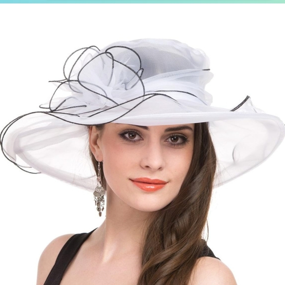 Elegant White Wide-Brim Organza Hat with Black Trim - Picture 7 of 8